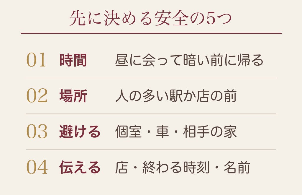 マッチングアプリの初デートで女性が気をつけることは、安全の5つが先です
